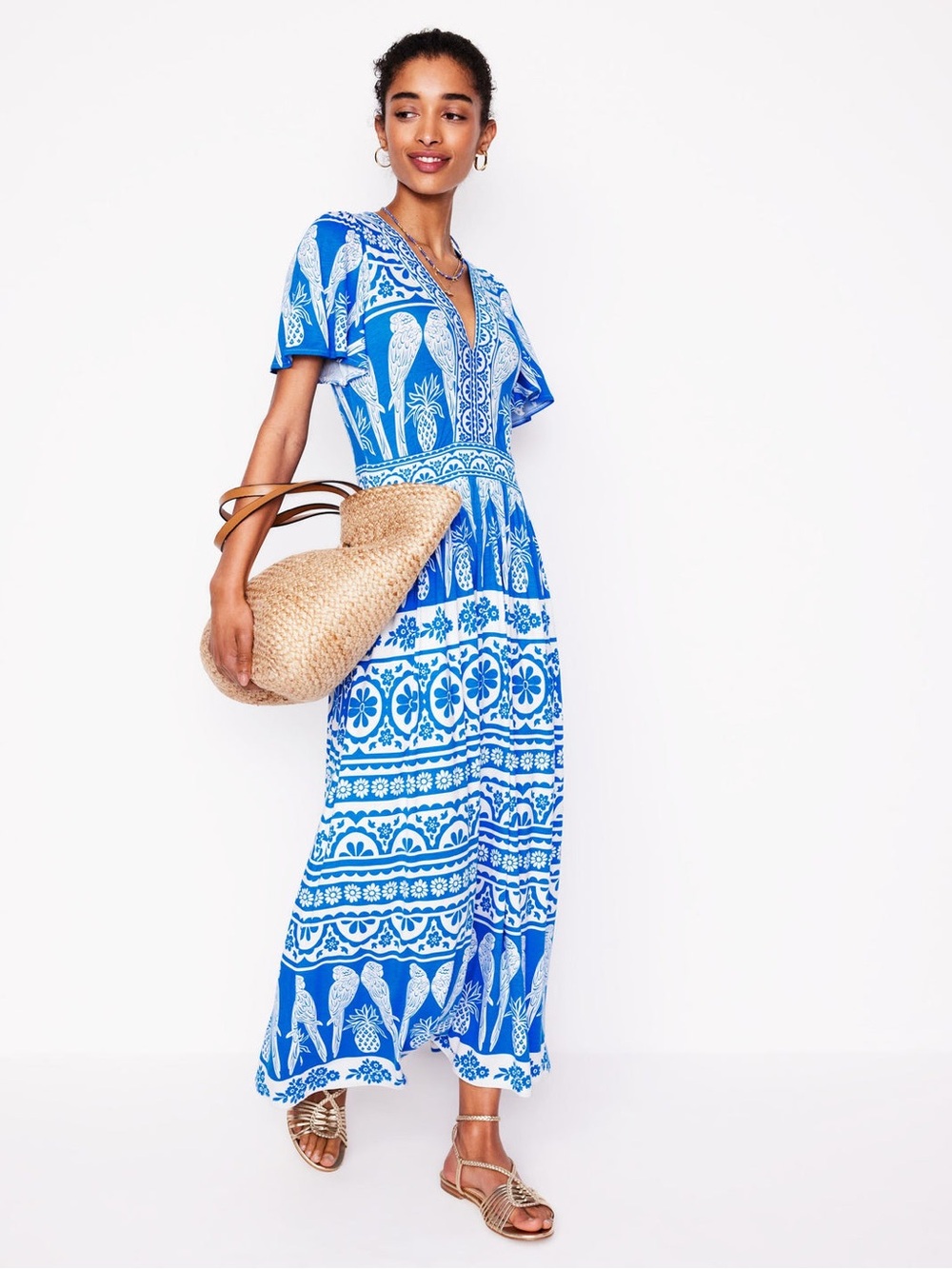 Boden Blue & White Printed V-Neck Maxi Dress